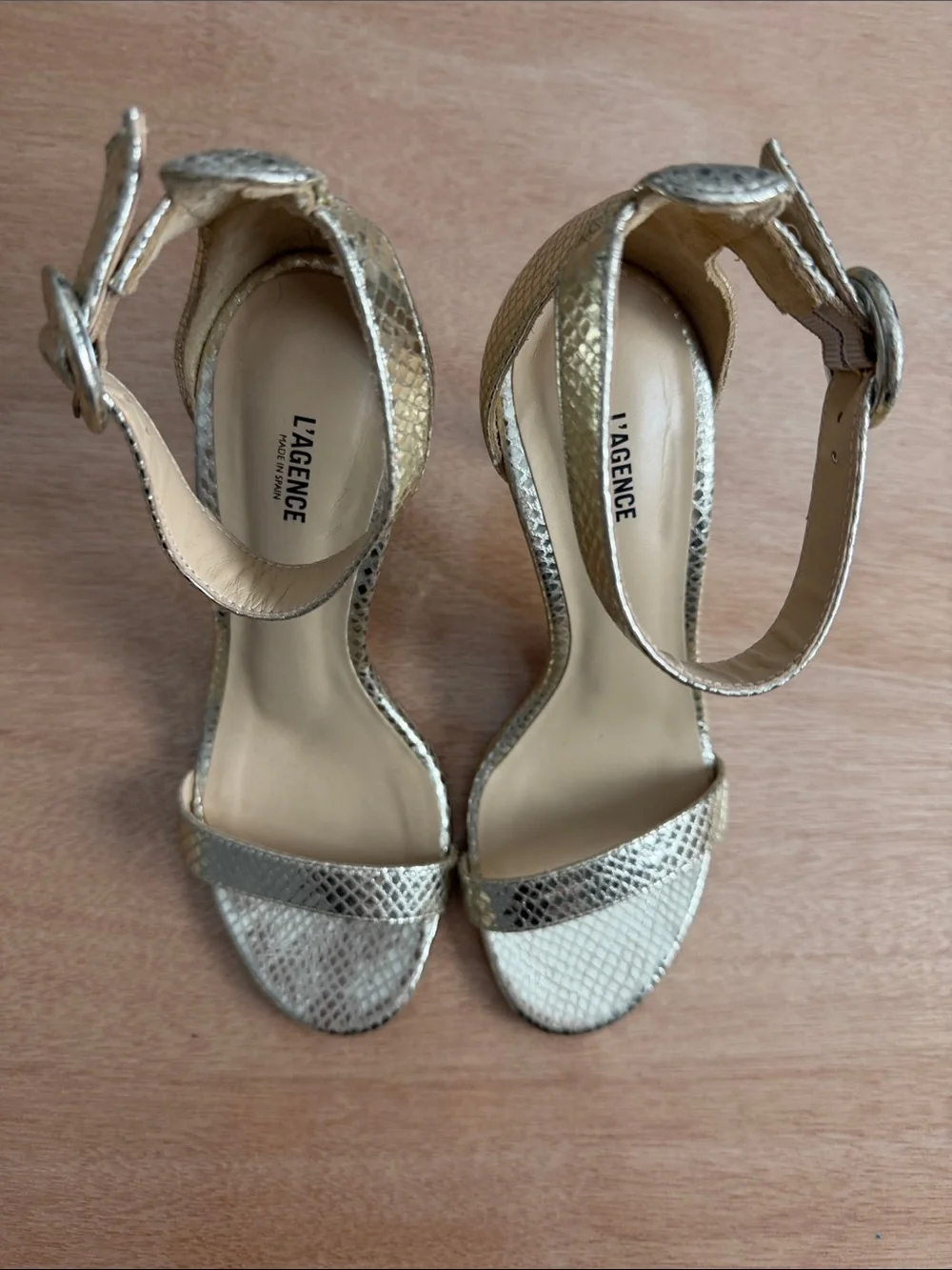 L'AGENCE Metallic Gold Snake-Embossed Ankle-Strap Stilettos